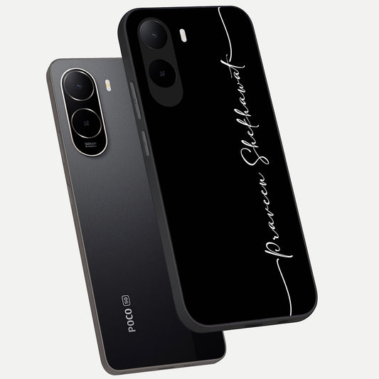 Black Tune Custom Name phone case For Poco C85x showing premium glass back cover with detailed artwork