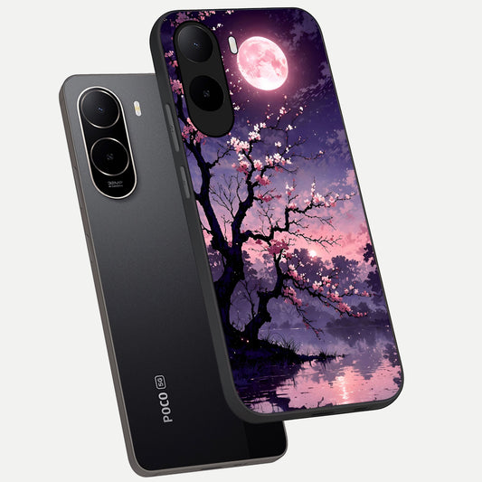 Blossom Pink Moon phone case For Poco C85x showing premium glass back cover with detailed artwork