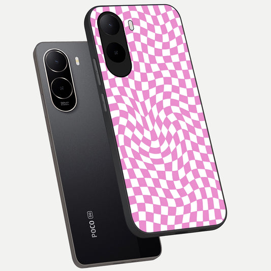 Bubblegum Check Wave phone case For Poco C85x showing premium glass back cover with detailed artwork