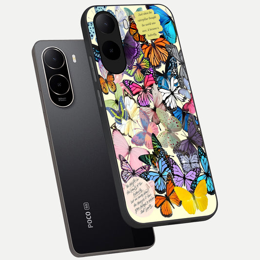 Butterflies Petal Dream phone case For Poco C85x showing premium glass back cover with detailed artwork