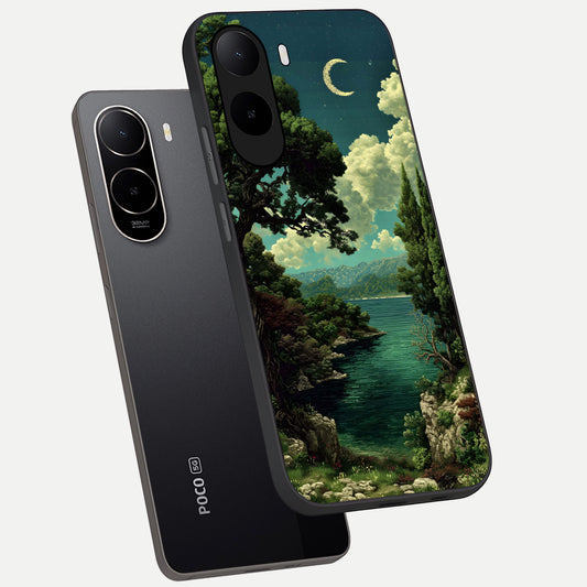 Celestial Lake Peace phone case For Poco C85x showing premium glass back cover with detailed artwork