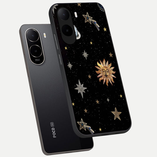 Celestial Moon With Stars phone case For Poco C85x showing premium glass back cover with detailed artwork