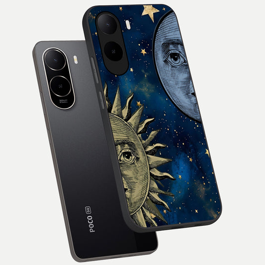 Celestial Moon With Sun phone case For Poco C85x showing premium glass back cover with detailed artwork