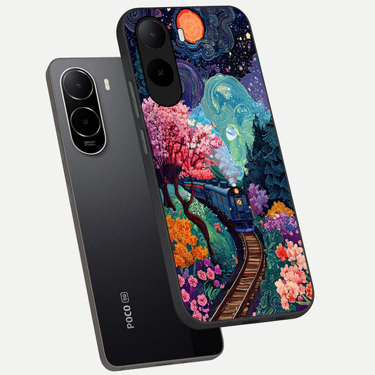 Celestial Train Journey phone case For Poco C85x showing premium glass back cover with detailed artwork