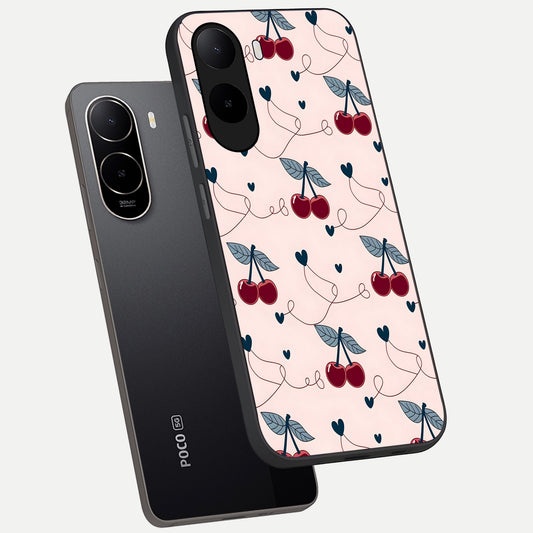 Cherry Heart Line phone case For Poco C85x showing premium glass back cover with detailed artwork