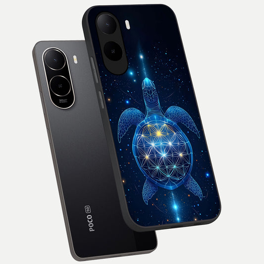 Crimson Blue Turtle phone case For Poco C85x showing premium glass back cover with detailed artwork