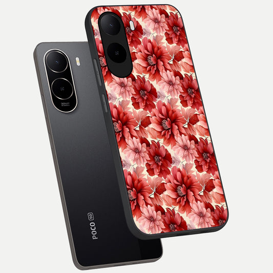 Crimson Love Petals phone case For Poco C85x showing premium glass back cover with detailed artwork