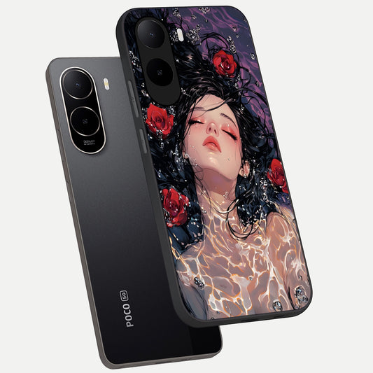 Crimson Rose Serenity phone case For Poco C85x showing premium glass back cover with detailed artwork