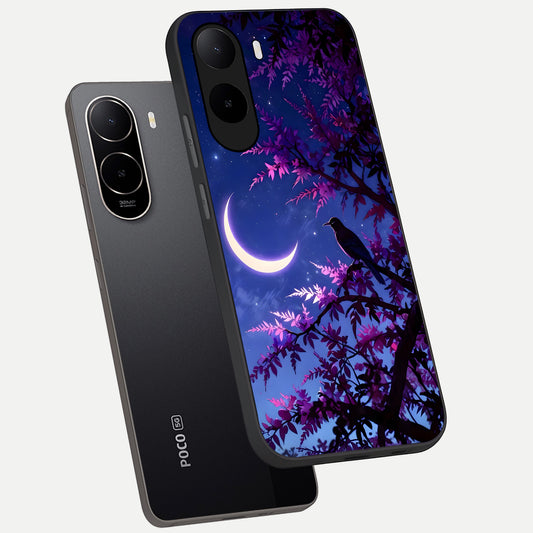 Crow And Moon Scenery phone case For Poco C85x showing premium glass back cover with detailed artwork