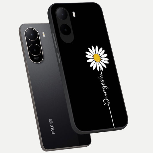 Custom Name White Flower phone case For Poco C85x showing premium glass back cover with detailed artwork