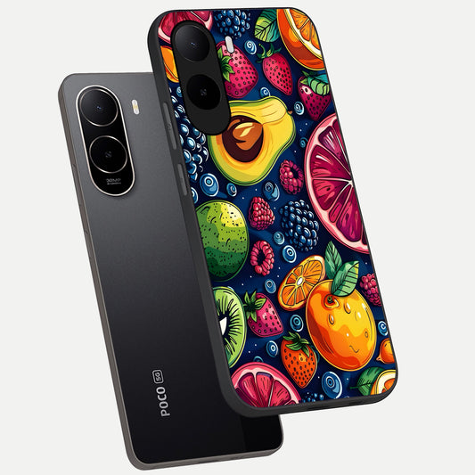 Cute Fruits Art phone case For Poco C85x showing premium glass back cover with detailed artwork