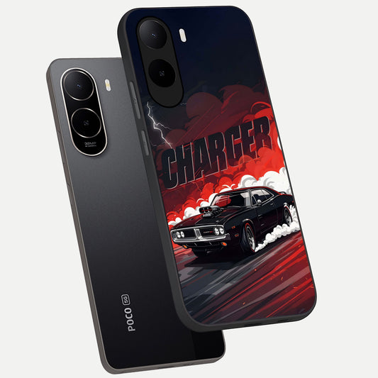 Dark Charger Fury phone case For Poco C85x showing premium glass back cover with detailed artwork