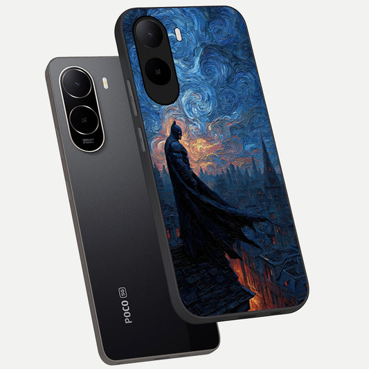 Dark Knight Dusk phone case For Poco C85x showing premium glass back cover with detailed artwork
