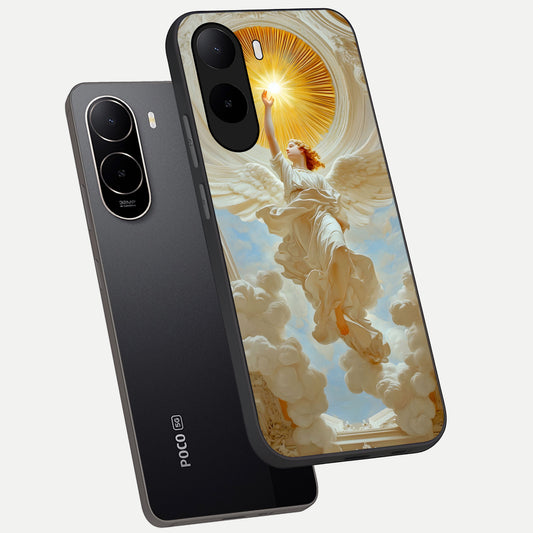 Divine Light Angel phone case For Poco C85x showing premium glass back cover with detailed artwork
