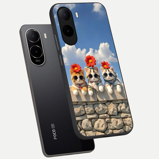 Floral Kitty Squad phone case For Poco C85x showing premium glass back cover with detailed artwork