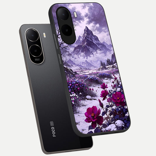 Flower Mountain View phone case For Poco C85x showing premium glass back cover with detailed artwork