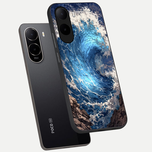 Giant Ocean Wave phone case For Poco C85x showing premium glass back cover with detailed artwork