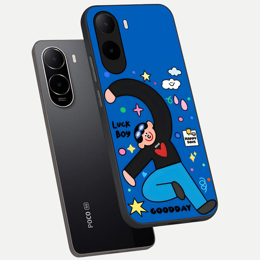 Happy Luck Vibe phone case For Poco C85x showing premium glass back cover with detailed artwork