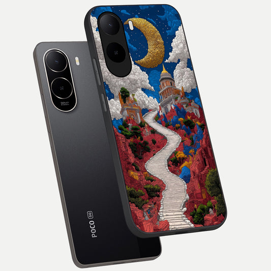 Heavenly Moon Path phone case For Poco C85x showing premium glass back cover with detailed artwork