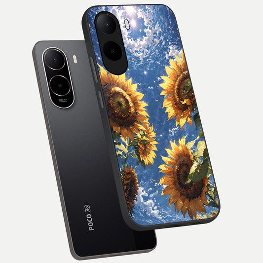 Heavenly Sunflower Rise phone case For Poco C85x showing premium glass back cover with detailed artwork