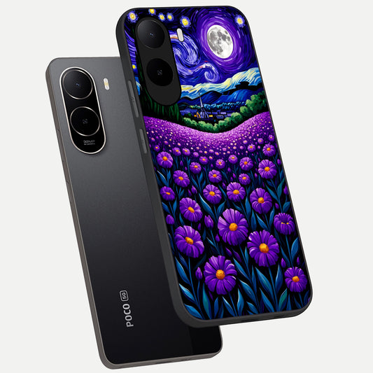 Lavender Moon Field phone case For Poco C85x showing premium glass back cover with detailed artwork