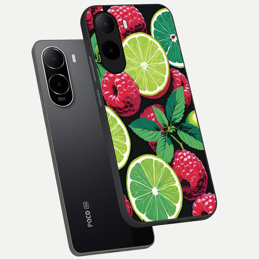 Lime and Raspberry Pattern phone case For Poco C85x showing premium glass back cover with detailed artwork
