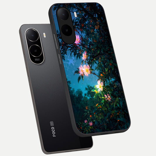 Midnight Bloom Glow phone case For Poco C85x showing premium glass back cover with detailed artwork