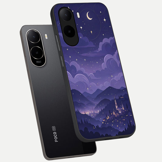 Minimal Night View phone case For Poco C85x showing premium glass back cover with detailed artwork
