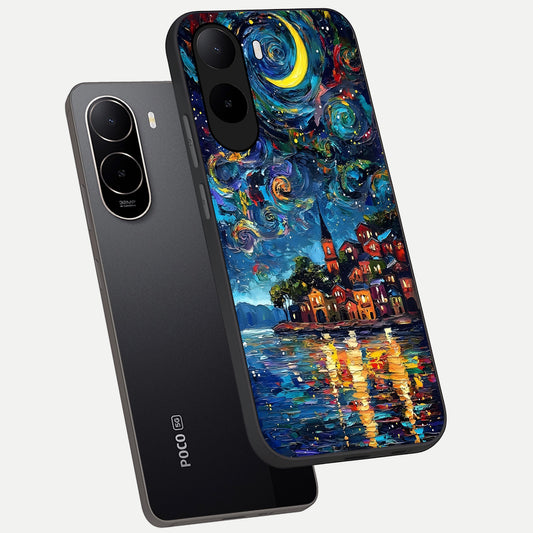 Moonlight Harbor Glow phone case For Poco C85x showing premium glass back cover with detailed artwork