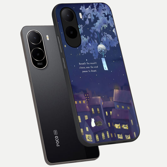 Moonlit Cat Silence phone case For Poco C85x showing premium glass back cover with detailed artwork