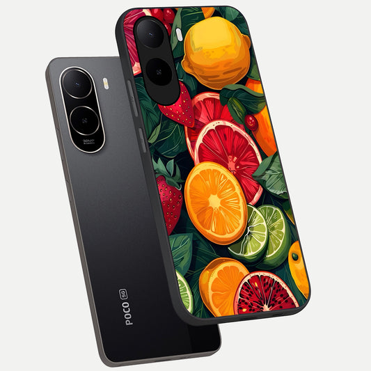 Multiple Fruits phone case For Poco C85x showing premium glass back cover with detailed artwork