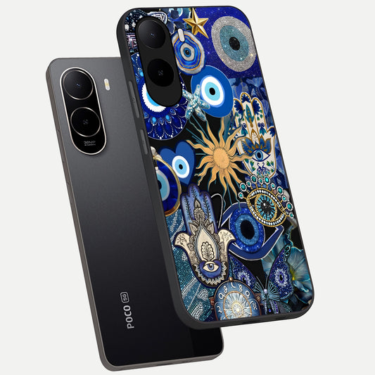 Mystic Blue Evil Eye phone case For Poco C85x showing premium glass back cover with detailed artwork