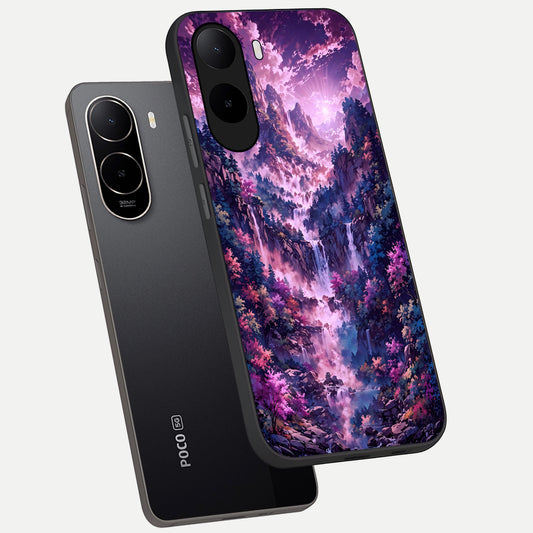 Mystic Cascade Peaks phone case For Poco C85x showing premium glass back cover with detailed artwork