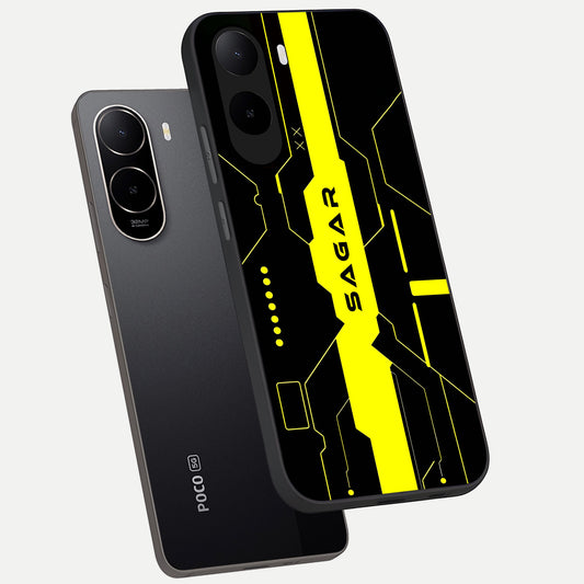 Neon CYBERPUNK Custom Name phone case For Poco C85x showing premium glass back cover with detailed artwork