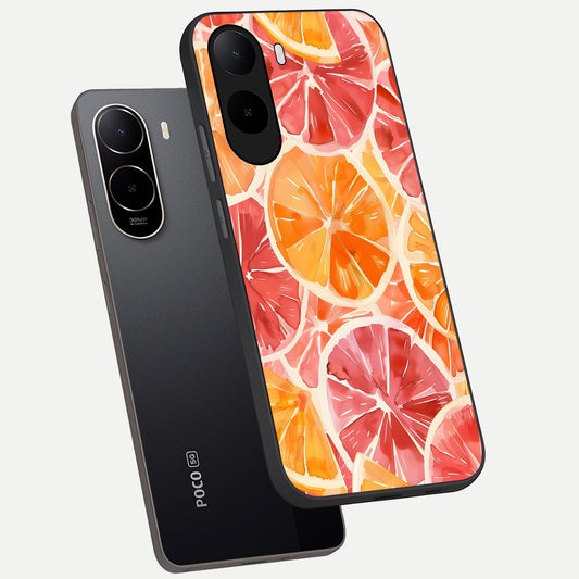 Orange Fruits Pattern phone case For Poco C85x showing premium glass back cover with detailed artwork