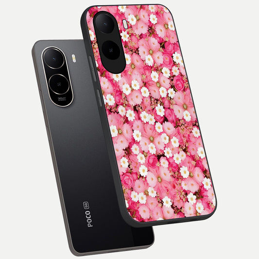 Pink Daisy Bliss phone case For Poco C85x showing premium glass back cover with detailed artwork