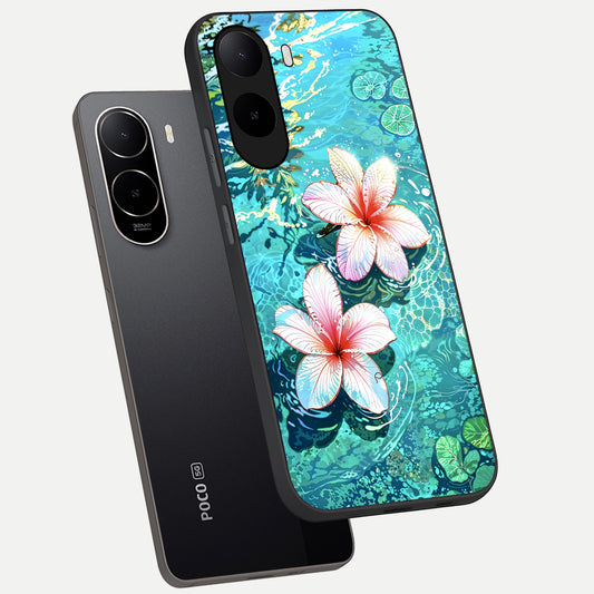 Pink Flowers in Water phone case For Poco C85x showing premium glass back cover with detailed artwork