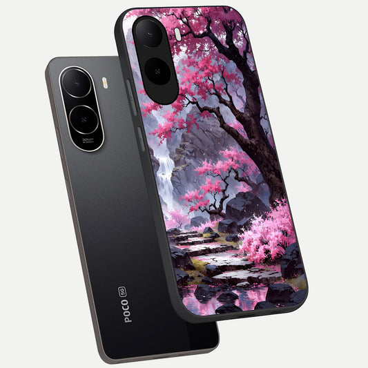 Pink Sunflower Glow phone case For Poco C85x showing premium glass back cover with detailed artwork