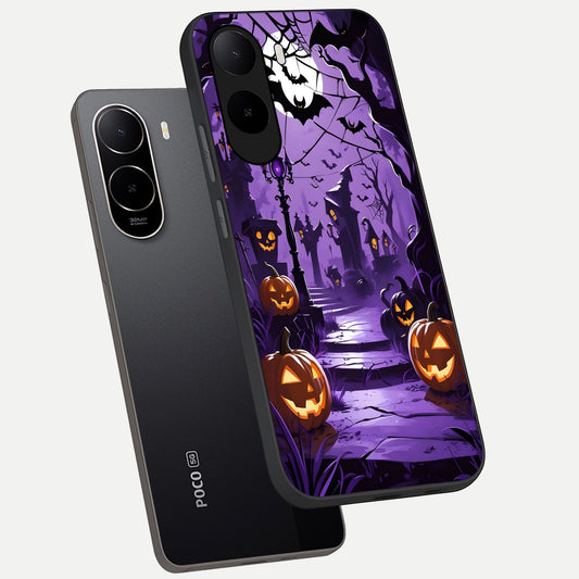 Pumpkin Patch Halloween phone case For Poco C85x showing premium glass back cover with detailed artwork