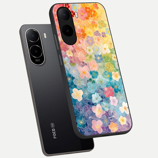 Rainbow Blossom Burst phone case For Poco C85x showing premium glass back cover with detailed artwork