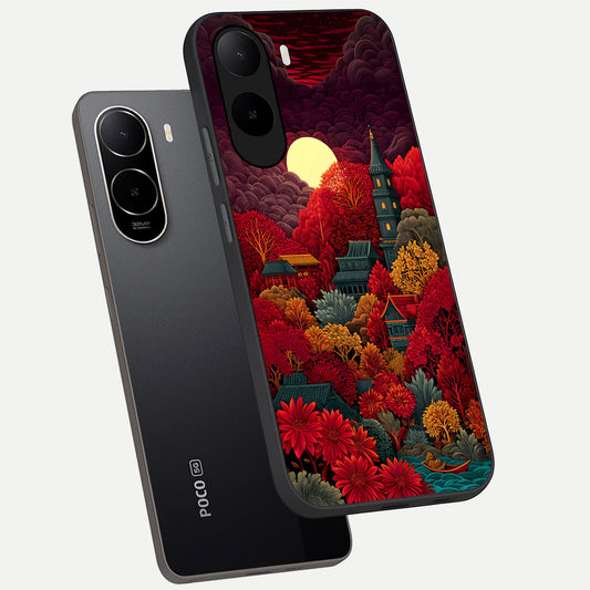 Scarlet Autumn Temple phone case For Poco C85x showing premium glass back cover with detailed artwork
