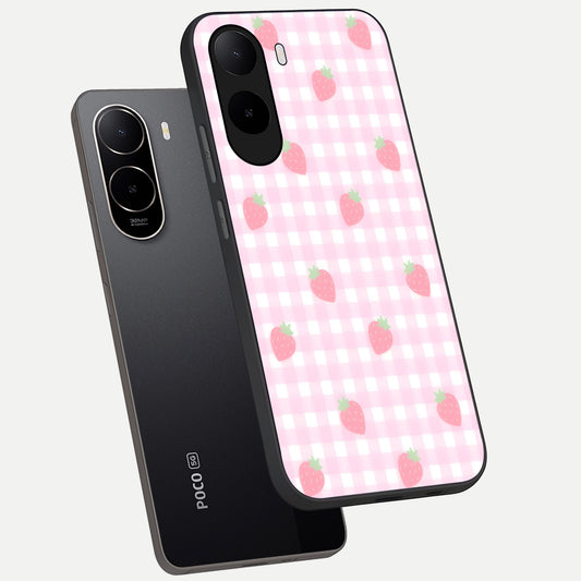 Strawberry Picnic Love phone case For Poco C85x showing premium glass back cover with detailed artwork