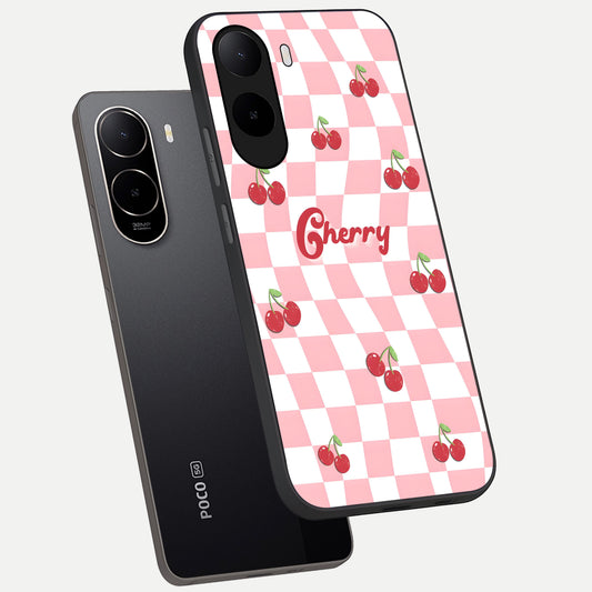 Sweet Cherry Vibes phone case For Poco C85x showing premium glass back cover with detailed artwork