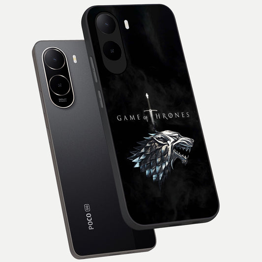 Throne Wolf Legacy phone case For Poco C85x showing premium glass back cover with detailed artwork