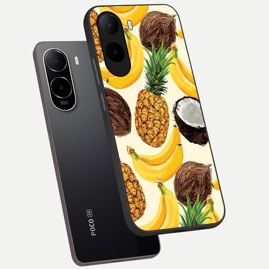 Tropical Fruit Mood phone case For Poco C85x showing premium glass back cover with detailed artwork