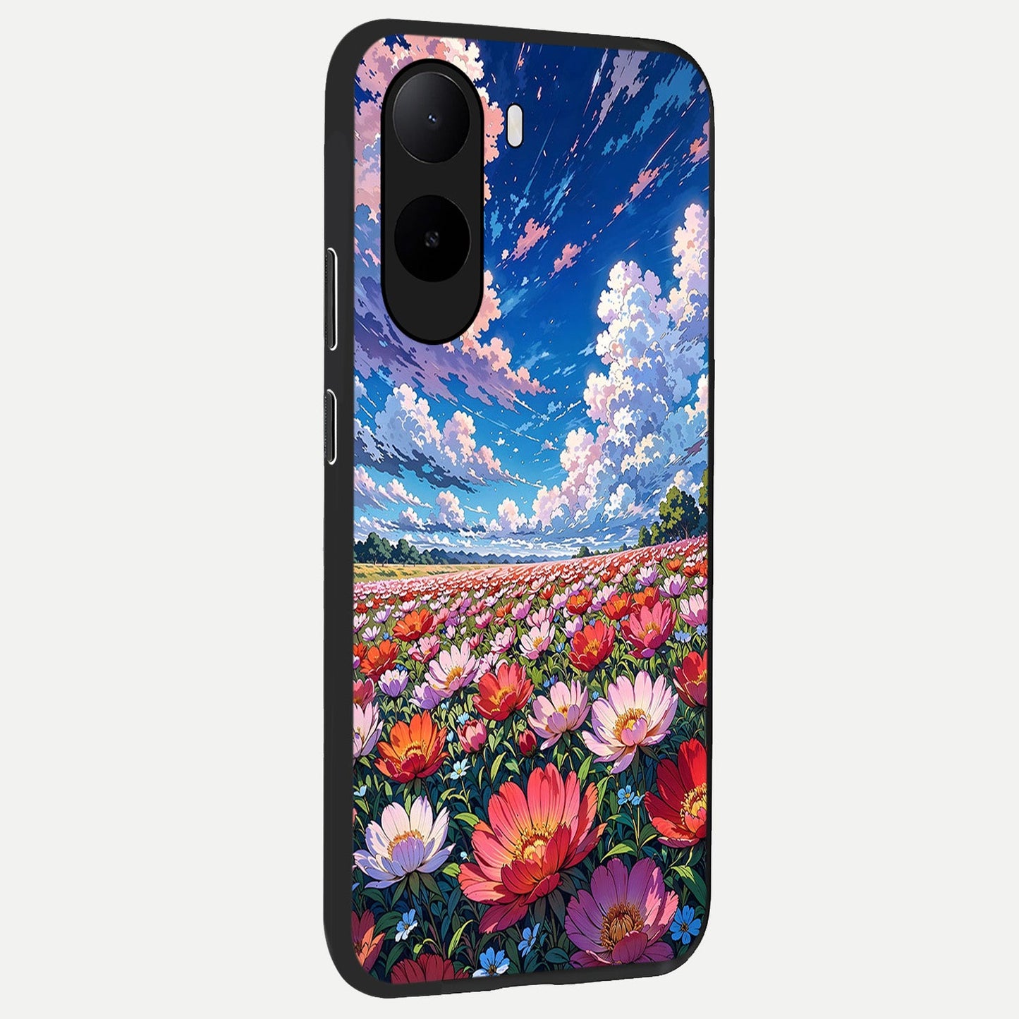 Blossom Sky Field back cover For Poco C85x slim fit glass case with vibrant aesthetic design