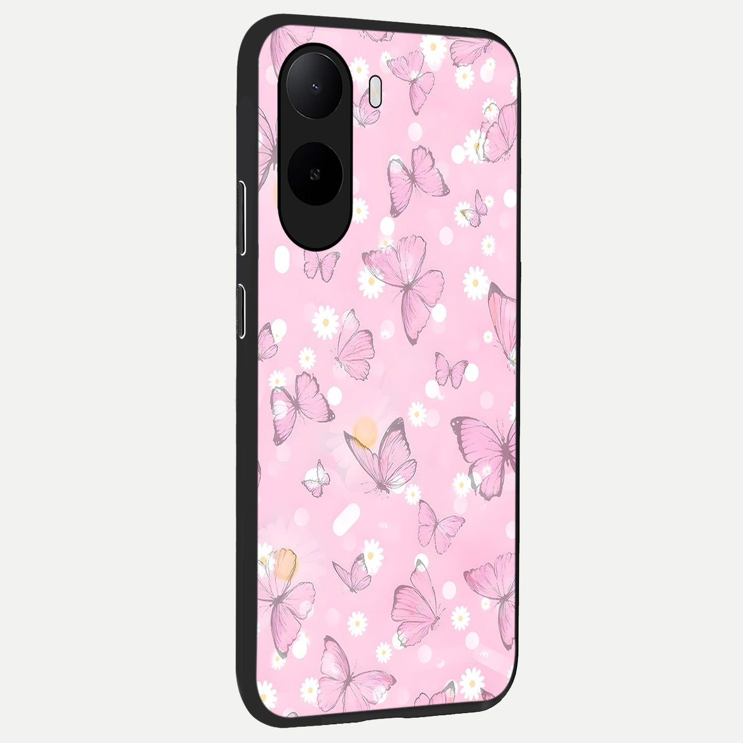 Blush Butterfly Garden back cover For Poco C85x slim fit glass case with vibrant aesthetic design