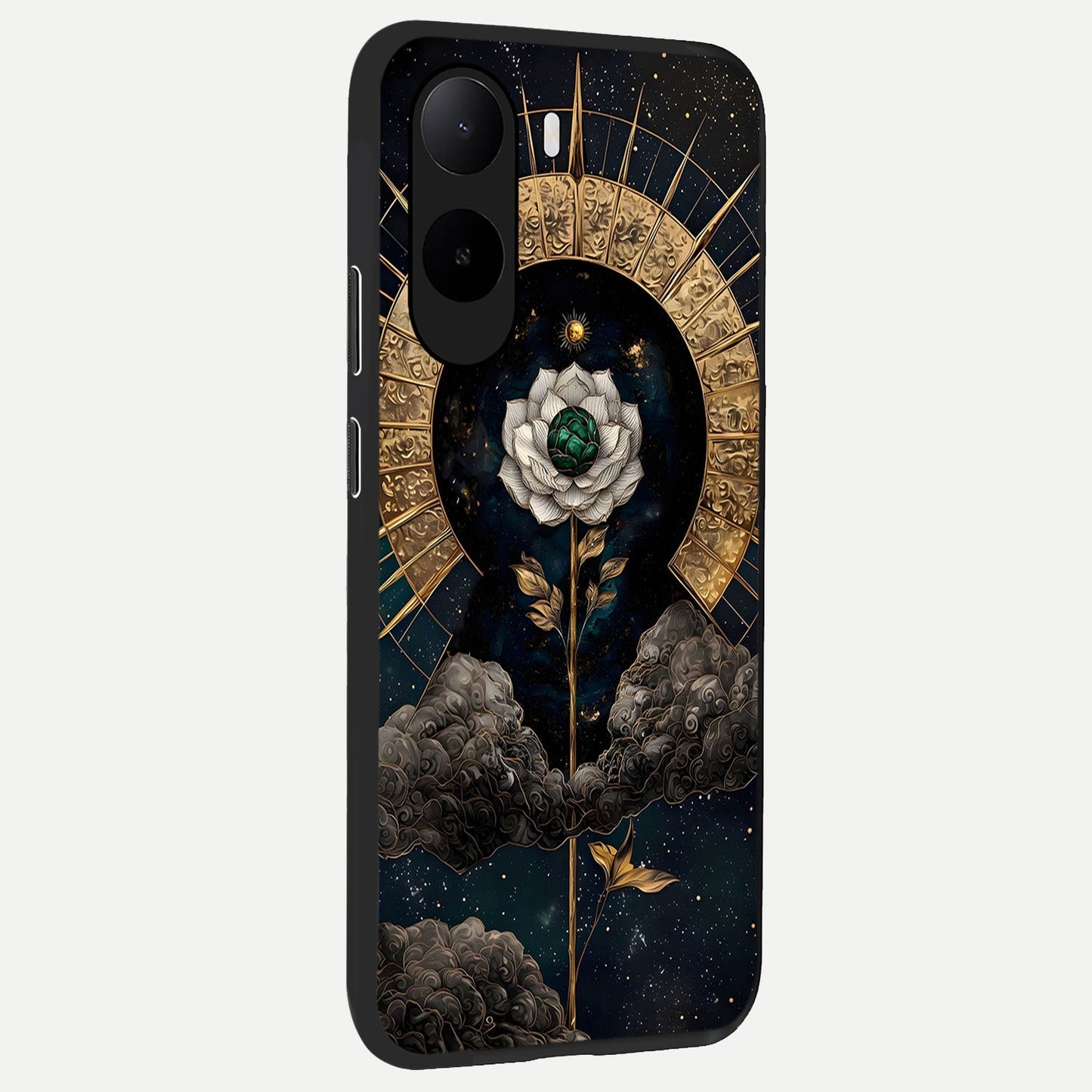 Celestial Lotus Morang back cover For Poco C85x slim fit glass case with vibrant aesthetic design