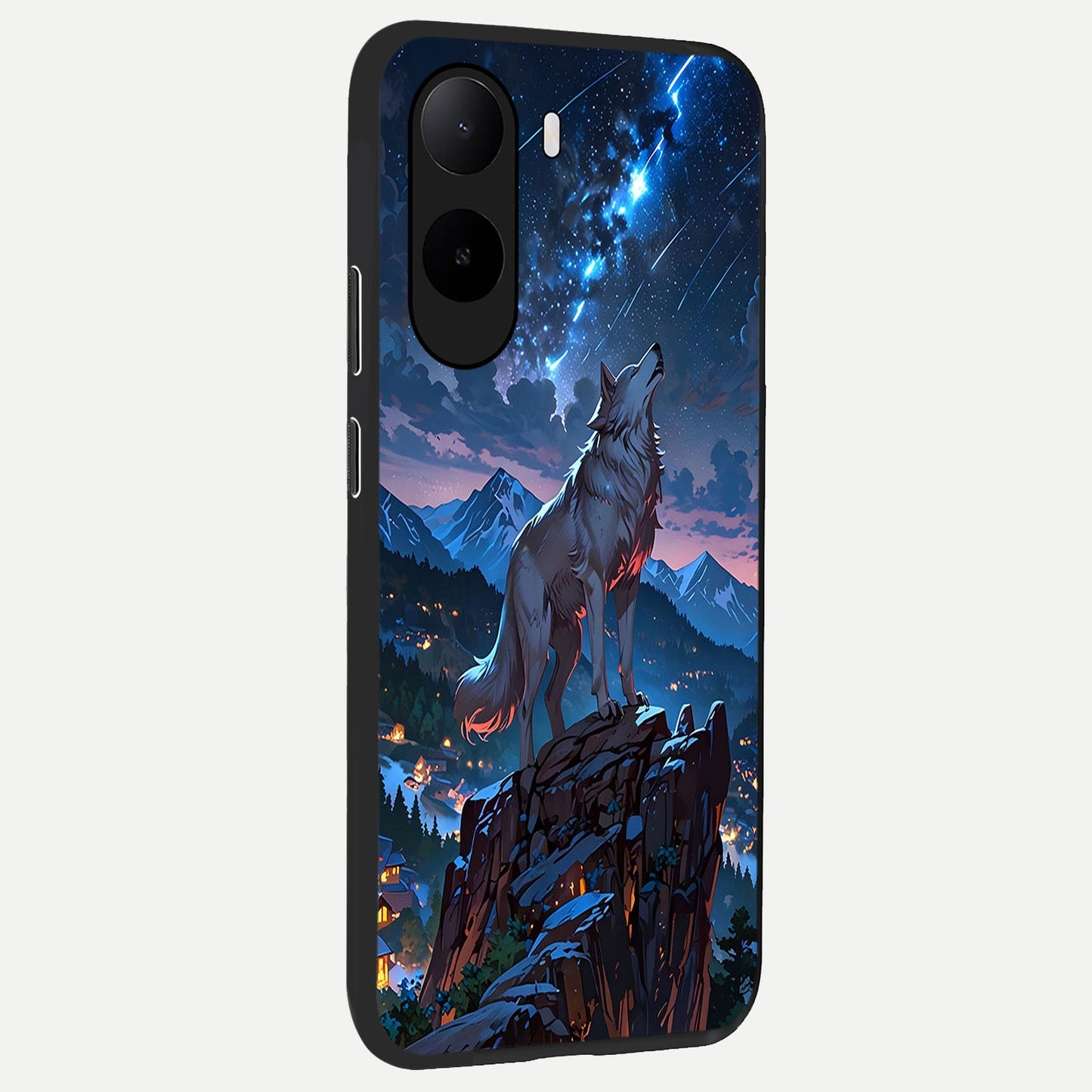 Celestial Wolf Howl back cover For Poco C85x slim fit glass case with vibrant aesthetic design