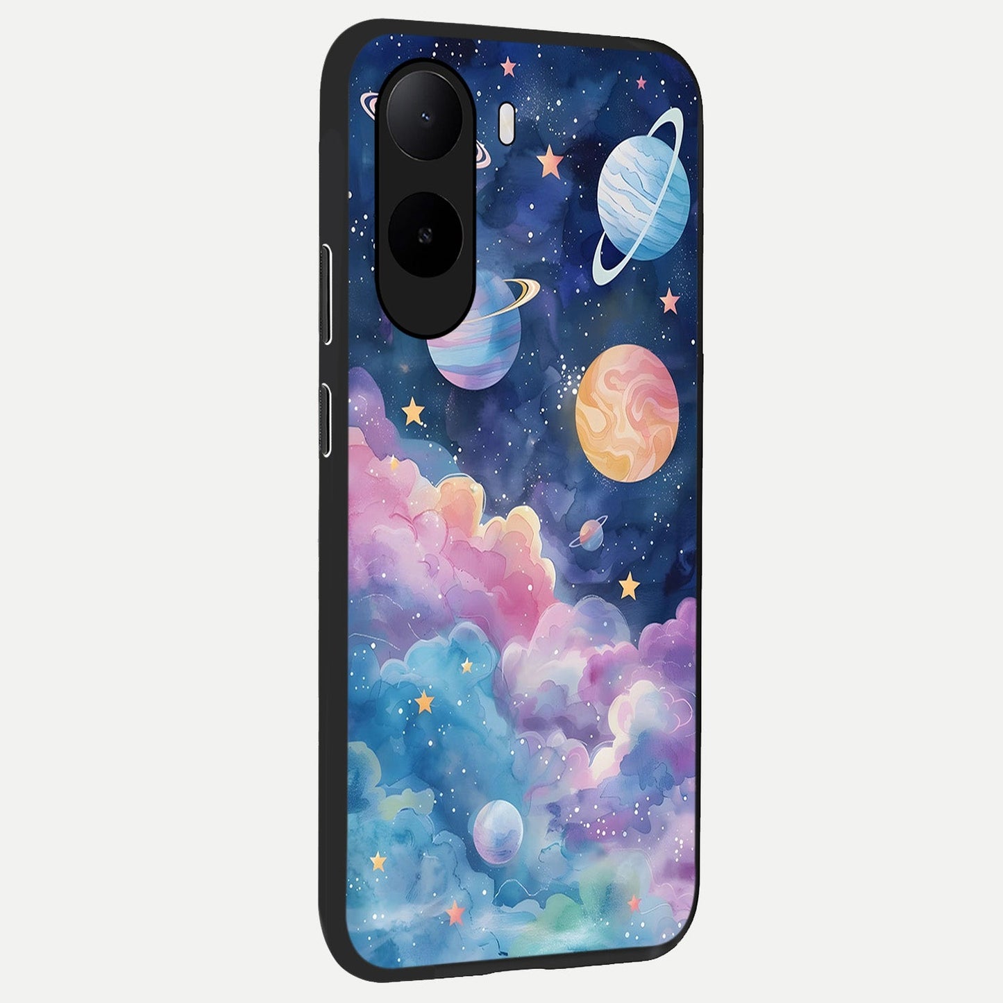 Cosmic Planet Dreams back cover For Poco C85x slim fit glass case with vibrant aesthetic design